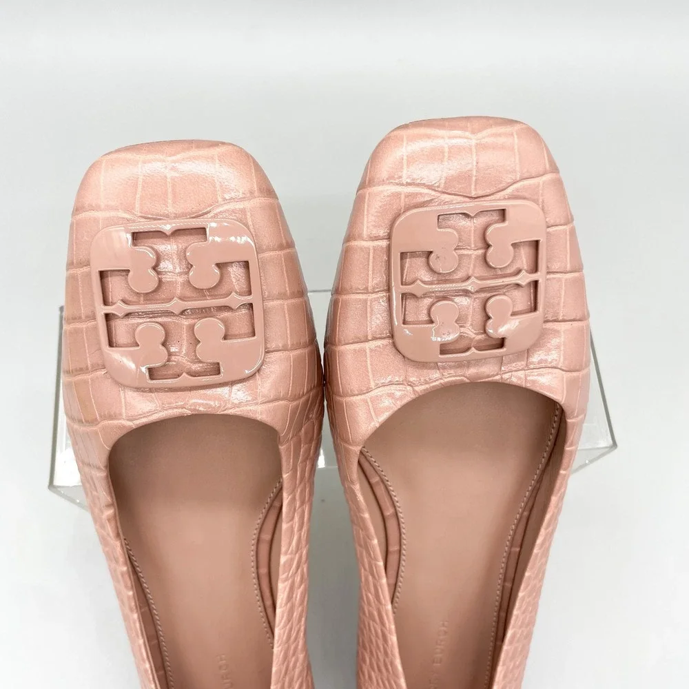 Tory Burch Georgia Ballet Flats Womens 9.5M Pink Croc Leather Square Toe Preppy